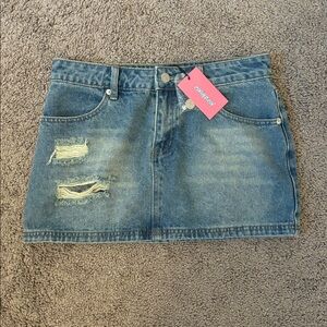 Edikted Denim Mini Skirt with Distressed Details